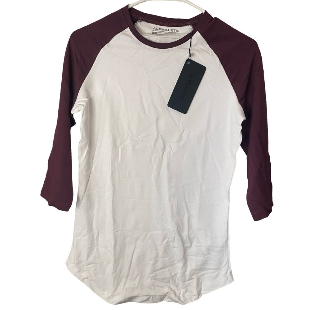 Alphalete Performance Raglan Tee White Burgundy Women’s Small NWT Gym Top